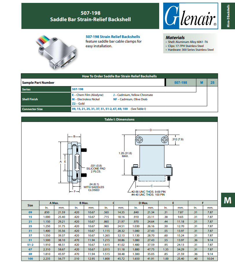 Glenair 507-198NF15 Micro-D Backshell Assembly with Strain-Relief