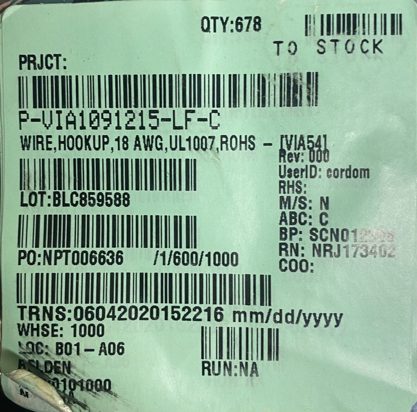 678 ft - Belden Cable 99180101000 Hook Up Wire 304.8m