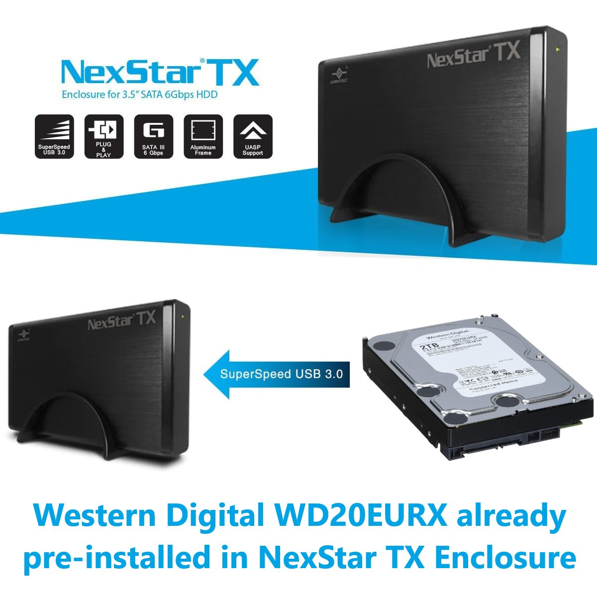 WD AV-GP WD20EURX 2TB HDD in NexStar 3.5" USB 3.0 Enclosure – Plug & Play - NEW
