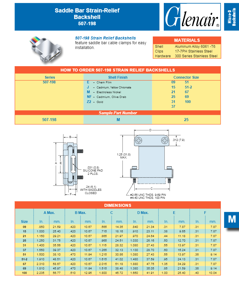 Glenair 507-198-NF25 Micro-D Backshell Assembly with Strain-Relief
