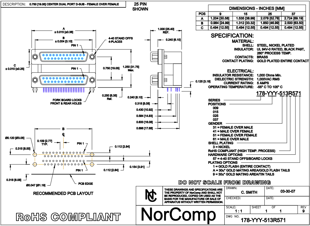 NorComp 178-009-513R571 Connector D-Subminiature (9 Bundle Pack)