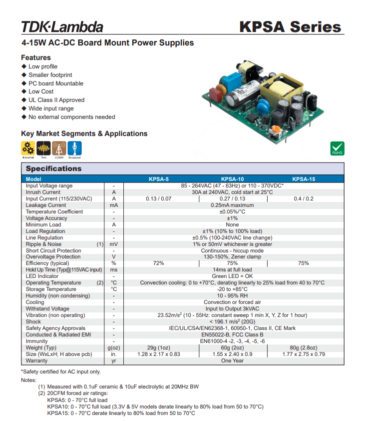 KPSA10-15 TDK Lambda KPSA10-15 Power Supply 15V 0.67A 10W, PCB mount (10pc Pack)