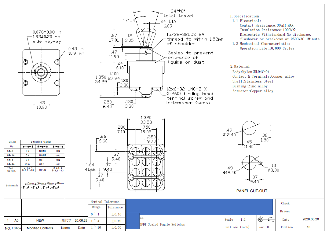 Replacement for Honeywell 4NT1-7 Toggle Switch, IP67, IP68 4PDT Momentary, 16 A @ 125/250 VAC