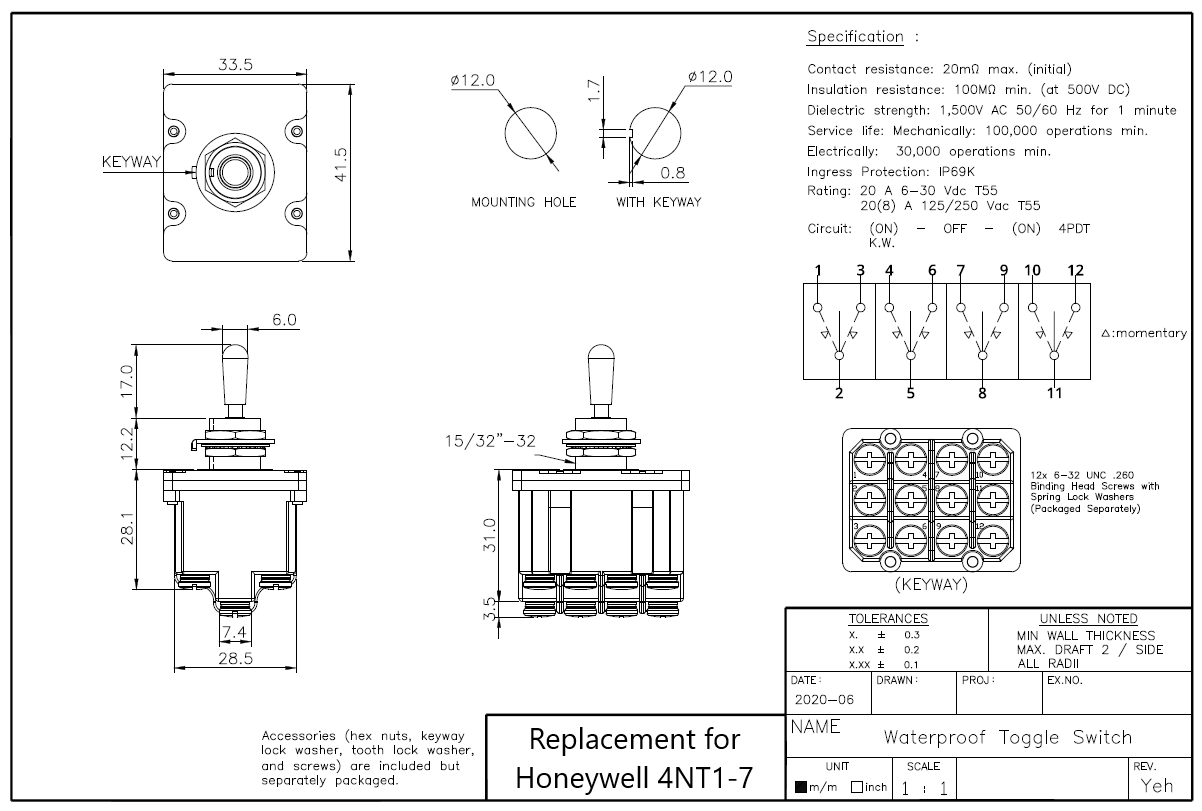 Replacement for Honeywell 4NT1-7 Toggle Switch, IP67, IP68 4PDT Momentary, 16 A @ 125/250 VAC