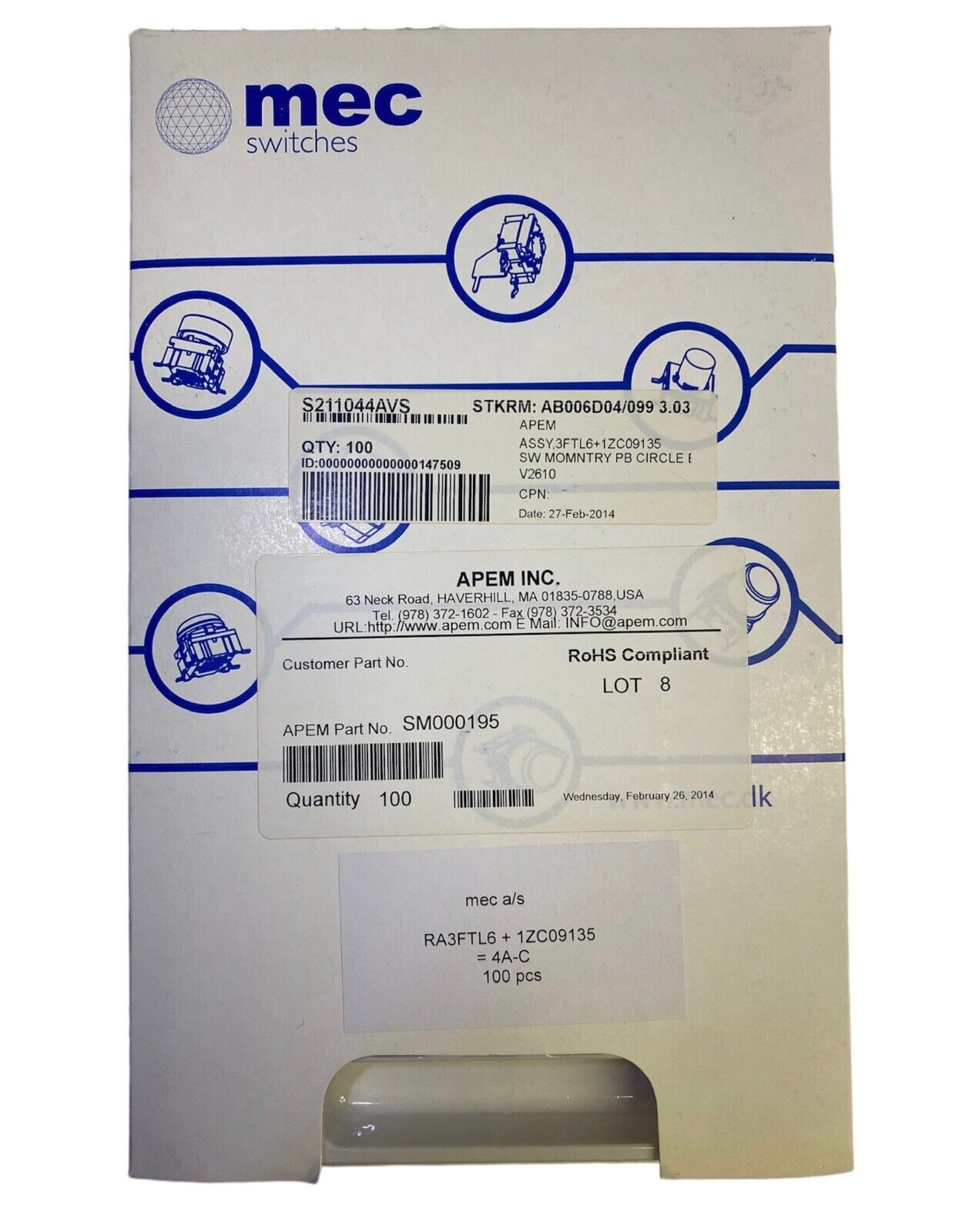 MEC Switches RA3FTL6+1ZC09105 PUSH BUTTON, ENTER LEGEND (50-Pack)