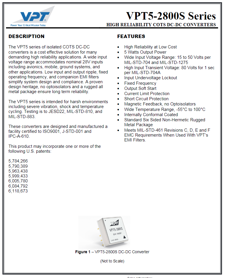 VPT5-2812S / 100294 Isolated COTS DC-DC Converters