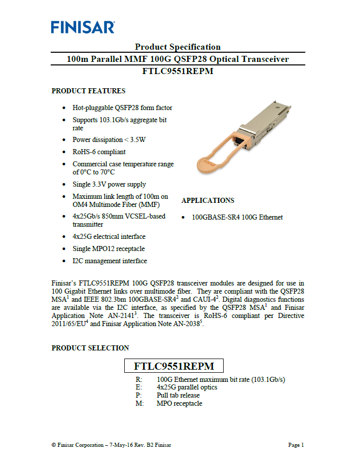Finisar FTLC9551REPM 100m Parallel MMF 100G QSFP28 Optical transceiver