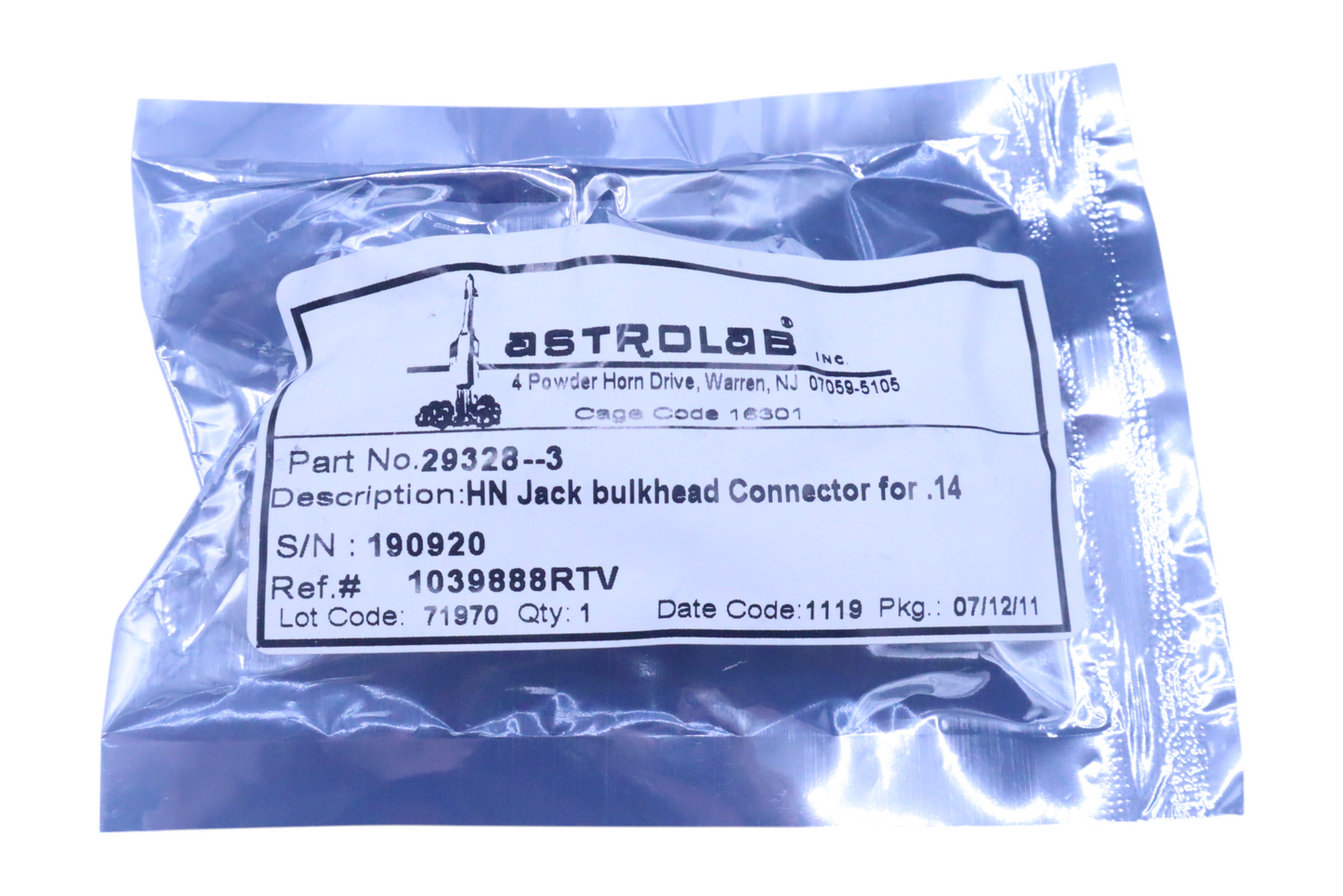 Astrolab 29328-3 HN Jack Bulkhead Connector for 0.14" Cable | High-Frequency RF